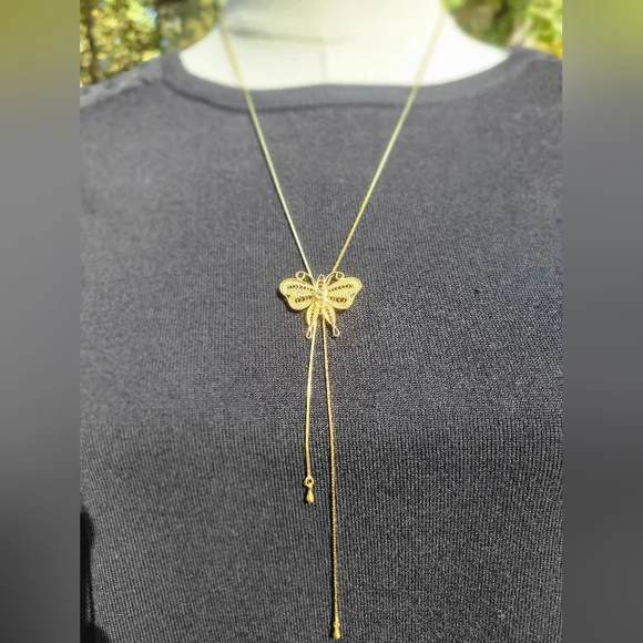 Vintage Delicate Gold Filigree Butterfly Slide Bolo Necklace - Picture 3 of 12